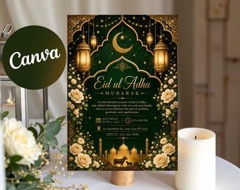 May include: An invitation card for Eid ul Adha, featuring a dark green background with gold accents. The design includes a crescent moon, lanterns, and floral elements. The text reads "Eid ul Adha Mubarak" with event details.