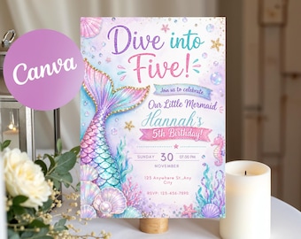 Mermaid 5th Birthday Invitation, Under the Sea Party Invite (Digital Download)
