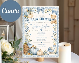 Einladung zur Babyparty mit blauem Kürbismotiv | Herbstliche Einladung für Jungen (Bearbeitbare Canva-Vorlage)