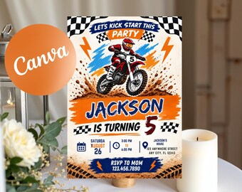 May include: A rectangular party invitation featuring a motocross rider on a red motorcycle, checkered flags, and orange lightning bolts. Text includes LET'S KICK START THIS PARTY, JACKSON IS TURNING 5, and event details for August 26 at 3:00 PM.