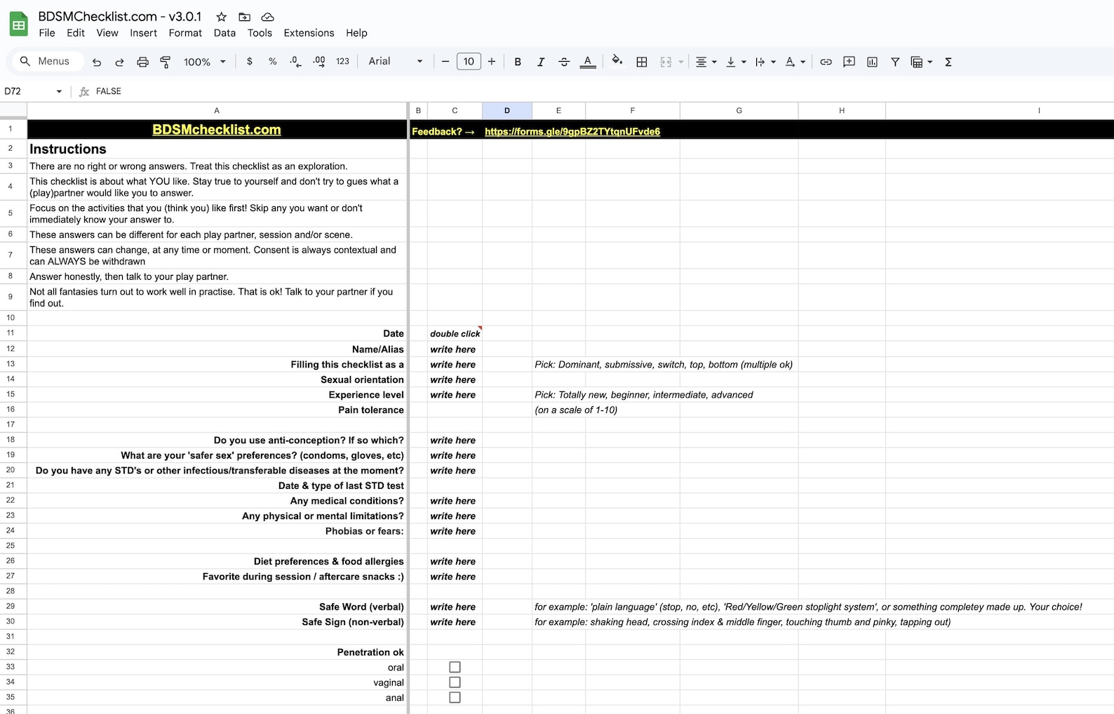 BDSM Checklist Google Sheets Template Kink Discovery & Negotiation