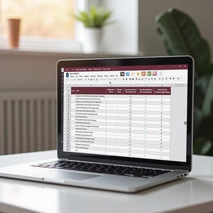 May include: A laptop computer displaying a spreadsheet with the title "Etsy ARTICLE". The spreadsheet contains columns for "Date", "Title", "Measured", "Points", "Evergreen/Trend", "No 1 Consolidation", "Re-Consolidation", "Direct Search", "Reward Eligible Type".