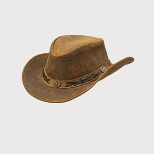Leather Cowboy Hat for Men and Women – Western Style Durable Handmade Bush Hat, Rustic Cowhide, Unisex Western Wear