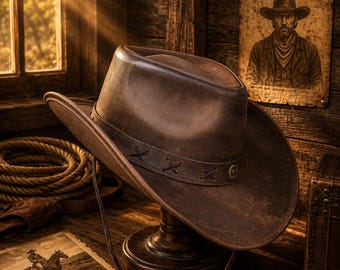 Handmade Cowboy leather hat western style Cowhide leather Men & Women