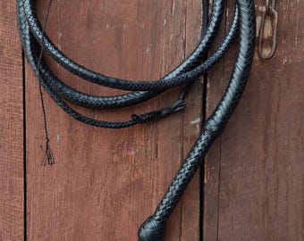 Handmade Leather Bullwhip Black, Indiana Jones Style Cowhide leather whip