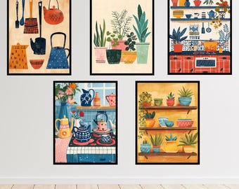 Folk Art Kitchen Print Set | Colorful, Cozy Decor (A3 Digital Download)