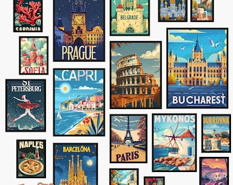 Retro Europe Travel Poster Set: 55 City Prints (Digital Download A3 Size)