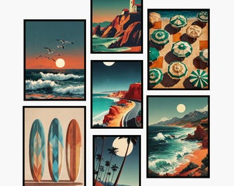 Retro Beach Print Set | Vintage Coastal Wall Art (A3 Digital Download)