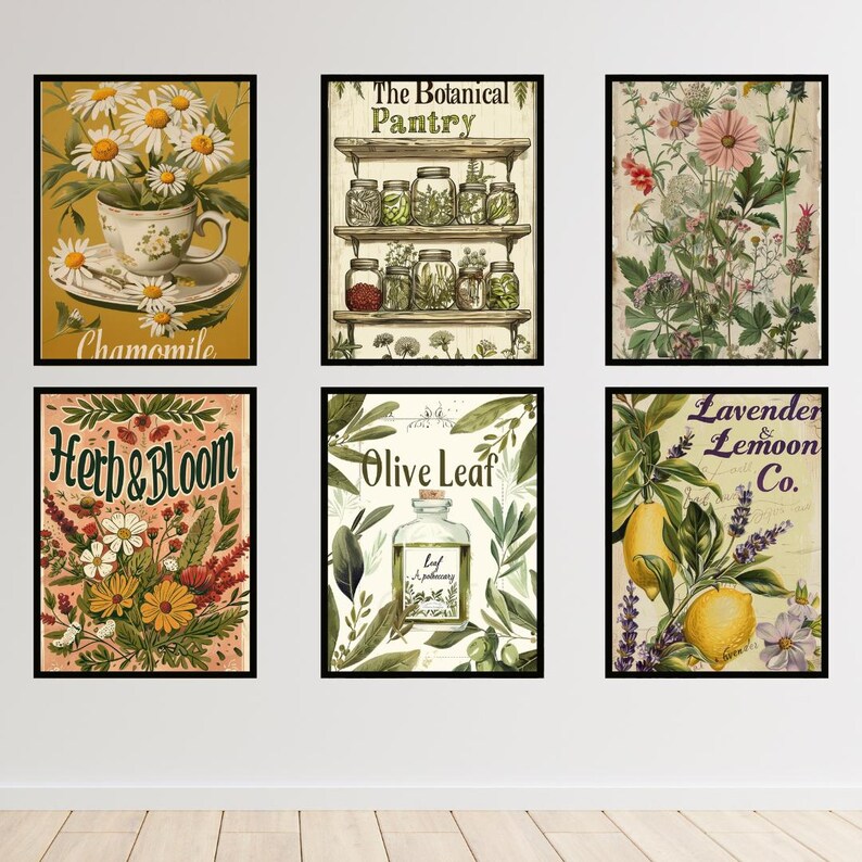 Botanical Kitchen Print Set: Retro Herb & Bloom Market (A3 Digital ...