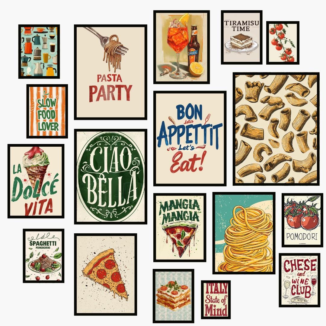 300 mediterranean kitchen posters bundle, retro café... Italian Kitchen Art Prints: Retro Foodie Posters (digital Download) - Etsy