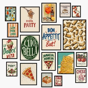 Peut inclure: Une collection d'impressions d'art encadrées sur le thème de la cuisine italienne. Les impressions présentent des images de pâtes, de pizzas, de tiramisu et de boissons. Le texte comprend "Pasta Party", "Bon Appétit", "Ciao Bella" et "Italy State of Mind."