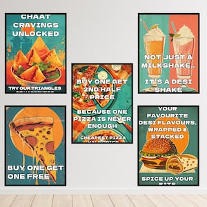 Retro Desi Food Poster Set | Vintage Burger, Pizza, Chaat Prints (Digital Download)