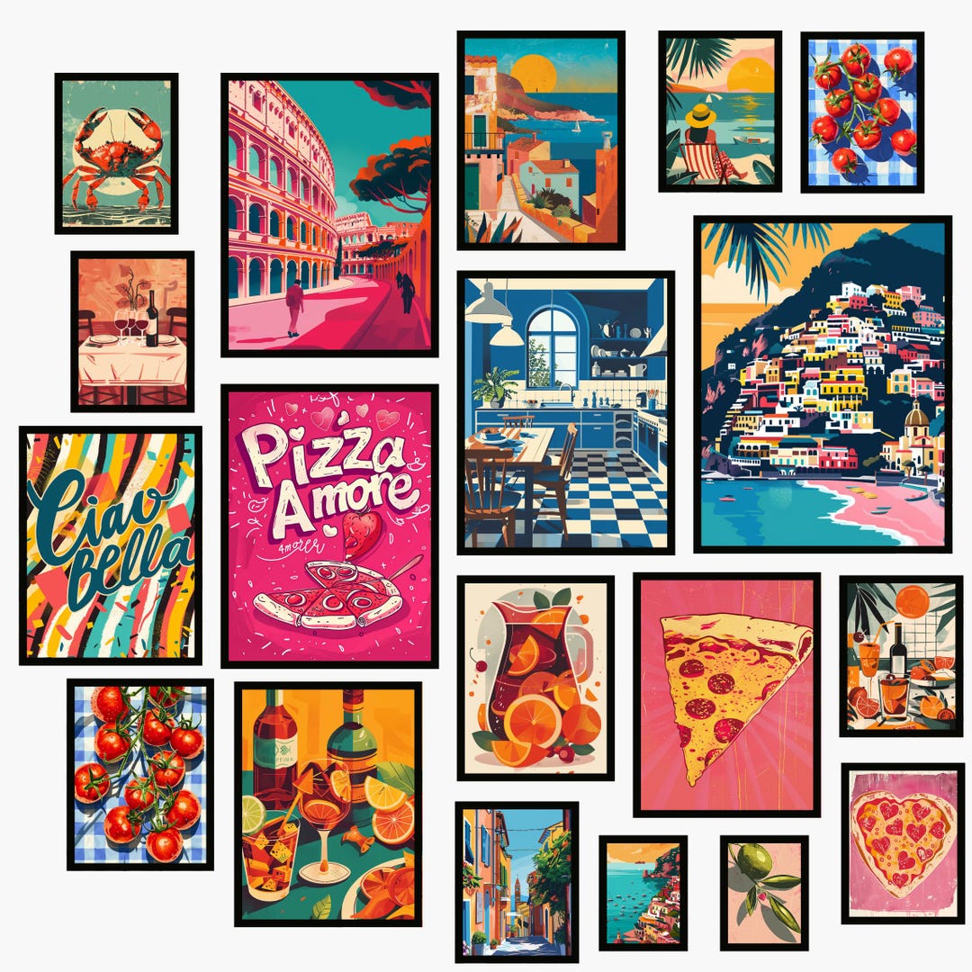 italian kitchen wall decor | kitchen wall art set of... Italian Kitchen Wall Art Set | Retro Mediterranean Travel Prints ...