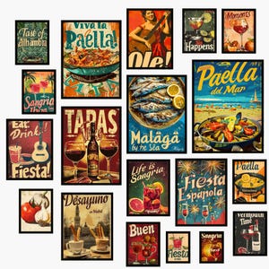 Könnte beinhalten: Eine Sammlung von Postern im Vintage-Stil mit schwarzen Rahmen. Die Poster zeigen spanische Küche und Kultur, darunter Paella, Tapas, Sangria und Fiesta-Motive. Die Farbpalette umfasst Rot-, Orange- und Blautöne.