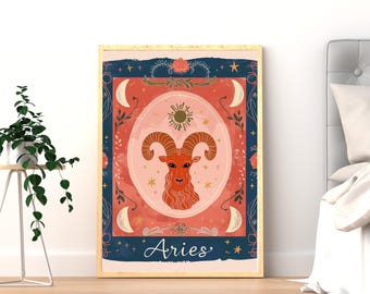 Aries Goddess Zodiac Print | Celestial Folk Art (A3 Digital Download)