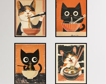 Retro Japanese Cat Ramen Print Set | Kawaii Kitchen Art (A3 Digital Download)
