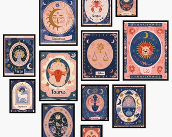 Zodiac Wall Art Set Printable | All 12 Zodiac Signs | Astrology Poster Bundle | Celestial Folk Art | A3 Digital Download