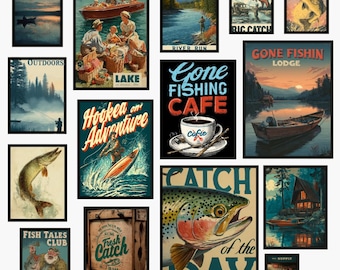 Väggkonstset med fiske | Vintage fiskeposters | Dekor med sjöstuga | Fiskekonst | Utskrivbara A3-utskriftsbilder i retrostil för utomhusbruk