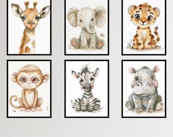 Safari Nursery Prints: Watercolor Baby Animals Set of 6 (Digital Download)