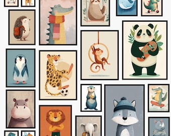 Boys Room Animal Wall Art Bundle, Cute Animal Prints for Kids Bedroom, Playroom Decor, Nursery Art, A1 Printable Set