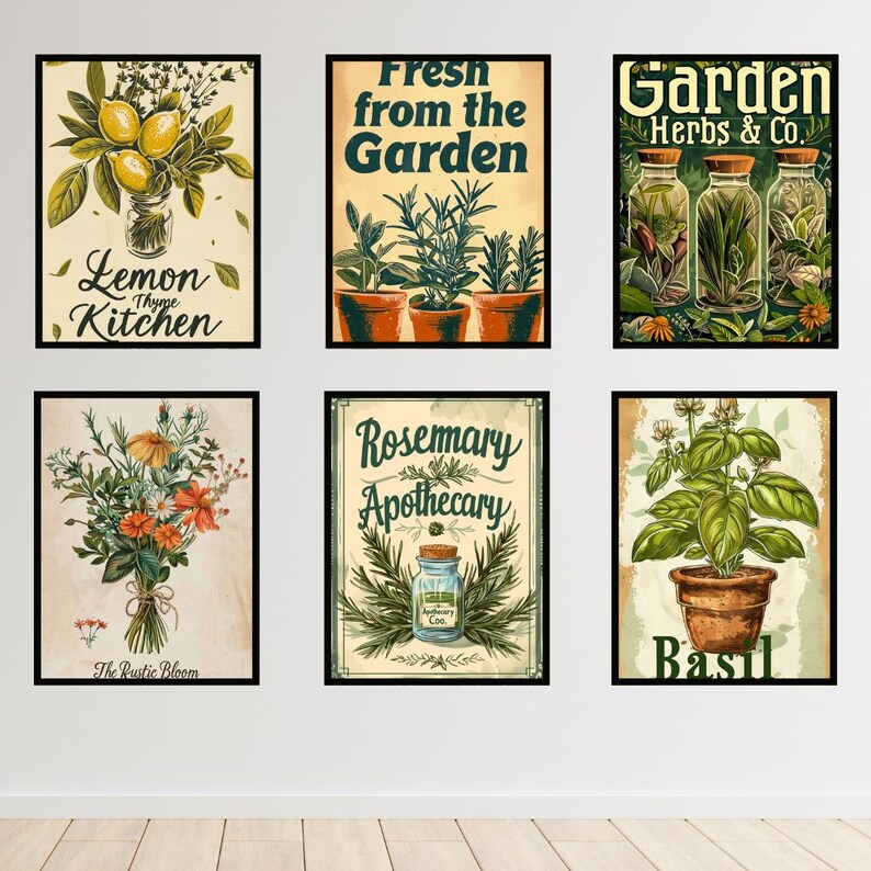 Botanical Kitchen Print Set: Retro Herb & Bloom Market (A3 Digital ...