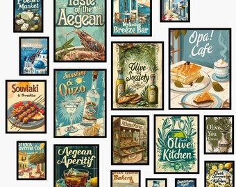 Retro Greek Island Kitchen Art Prints: Mediterranean Decor (A3 Digital Download)