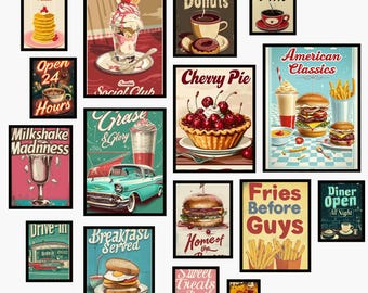 Retro Diner Print Set: 1950s Cafe Posters (A3 Digital Download)