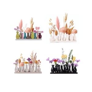 Könnte beinhalten: Eine Sammlung kleiner Vasen in verschiedenen Farben, jede mit getrockneten Blumen und Gräsern. Die Vasen sind auf einer weißen oder schwarzen rechteckigen Basis angeordnet und bilden eine dekorative Blumenausstellung. Das Bild zeigt eine Vielzahl von Blumenarrangements.