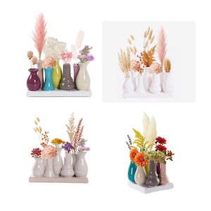 Könnte beinhalten: Eine Sammlung kleiner, farbenfroher Vasen, die auf einem weißen Regal angeordnet sind und jeweils getrocknete Blumen und Gräser enthalten. Die Vasen sind in verschiedenen Farben gehalten, darunter Lila, Türkis, Grau und Weiß, und bilden eine dekorative Blumendekoration.