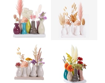 Jinfa Handgefertigtes Vasenset aus 7 kleinen Mini Keramik Vasen | Blumenvase Deko a. Sockel | Gestecke Arrangement Tafeldeko BUNT WEIß BEIGE