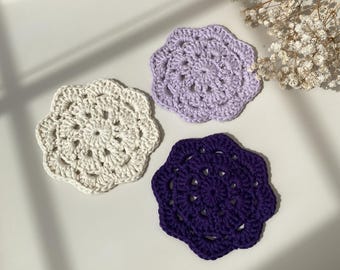 Juego de 3 posavasos de dalias / Posavasos de flores de ganchillo hecho a mano