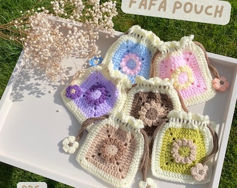 Patrón de bolsita con cordón y flores de crochet / Bolso cuadrado de abuela (Patrón en PDF, videotutorial)