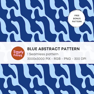 May include: A seamless blue abstract pattern with light blue organic shapes. The design includes the text "BLUE ABSTRACT PATTERN" and "FREE BONUS PATTERN". The image is 3000x3000 pixels.