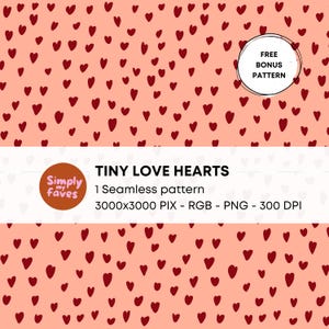 Puede incluir: Patrón sin costuras con pequeños corazones rojo oscuro sobre un fondo melocotón claro. Se muestra el texto "TINY LOVE HEARTS" y "FREE BONUS PATTERN". El patrón es de 3000x3000 píxeles.