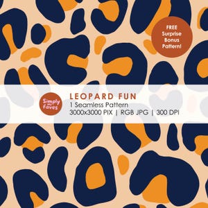 May include: A seamless leopard print pattern in navy blue and orange on a light tan background. The image includes the text "LEOPARD FUN" and other details. The design is suitable for various applications.