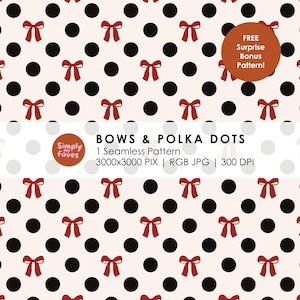 May include: A seamless pattern featuring red bows and black polka dots on a cream background. The text "BOWS & POLKA DOTS" is displayed, along with "1 Seamless Pattern" and other details. A bonus pattern is also offered.