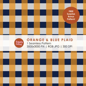 May include: Orange, navy blue, and gray plaid pattern. The image includes the text "ORANGE & BLUE PLAID" and "FREE Surprise Bonus Pattern!" in a circular orange graphic. The pattern is 3000x3000 pixels.
