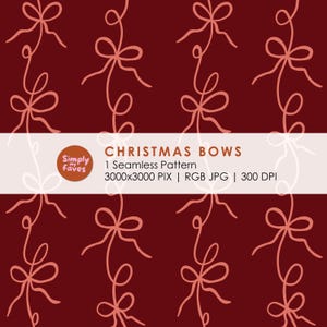 Puede incluir: Patrón sin costuras con un diseño repetitivo de lazos color melocotón sobre un fondo rojo oscuro. Los lazos están estilizados con cintas fluidas. La imagen incluye el texto "CHRISTMAS BOWS" y "1 Seamless Pattern".