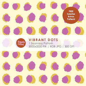 May include: Seamless pattern featuring rows of vibrant, overlapping dots in shades of purple and gold on a light yellow background. The text "VIBRANT DOTS" and "1 Seamless Pattern" are displayed. A bonus pattern is also included.