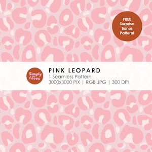 May include: A seamless pink leopard pattern with light pink spots on a pink background. The image includes the text "PINK LEOPARD" and "FREE Surprise Bonus Pattern!"