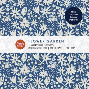 May include: A seamless pattern with a floral design. The pattern features white flowers and small floral accents on a dark blue background. The text "FLOWER GARDEN" and "1 Seamless Pattern" are also visible.