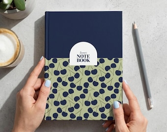 Custom Cherry Pattern Notebook Personalized Name Journal for Her Cute Coquette Aesthetic Stationery Gift for Teacher Fruit Print Lined A5