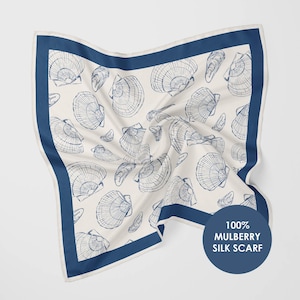 Silk Scarf Square Blue Silk Scarf Women Gift For Mom Birthday Grandma Gift From Daughter In Law Gift Design Silk Scarf Summer Style Seashell