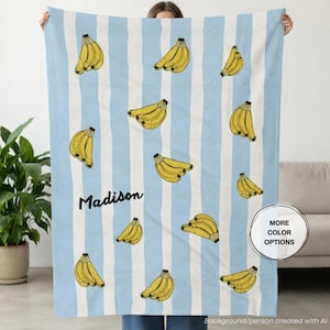 Personlig bananfilt med namn, anpassad monogramfilt, sängkläder för barn, tonårsflickor, sovrum, studenthem, studentexamen, present, preppy grejer, syster