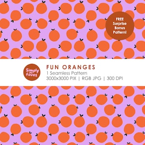 May include: A seamless pattern featuring orange cartoon oranges with green stems scattered on a light purple background. The text "FUN ORANGES" is displayed, along with "FREE Surprise Bonus Pattern!"