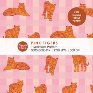 May include: Seamless pattern featuring orange tigers on a pink checkered background. The tigers are in various poses, some lying down and others standing. The text "PINK TIGERS" and "1 Seamless Pattern" are also visible.