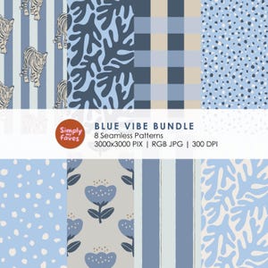 Puede incluir: Una colección de ocho patrones sin costuras en tonos azules. Los diseños incluyen rayas de tigre, formas de coral abstractas, cuadros, lunares y motivos florales. Se muestra el texto "BLUE VIBE BUNDLE".