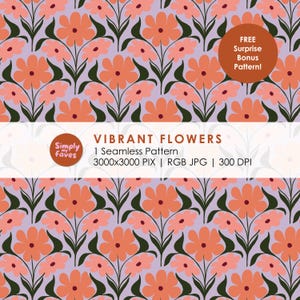 May include: A seamless pattern featuring stylized orange flowers with pink centers and dark green leaves on a light purple background. The pattern includes the text "VIBRANT FLOWERS" and "1 Seamless Pattern".