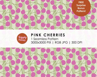 Pink Cherry Seamless Pattern Digital Product Background Pattern Pink Green Seamless Fruit Pattern Striped Pattern PNG For Commercial Use