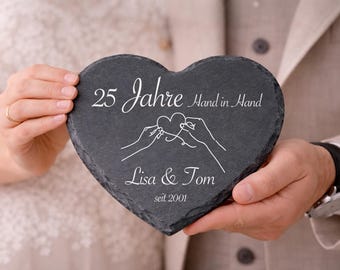 Regalo personalizzato per l'anniversario di matrimonio d'argento - Cuore in ardesia con incisione | Regalo per 25 anni mano nella mano